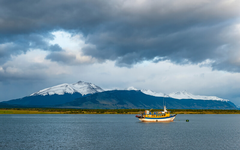 A fishing boat off the coast of Puerto Natales, Chile