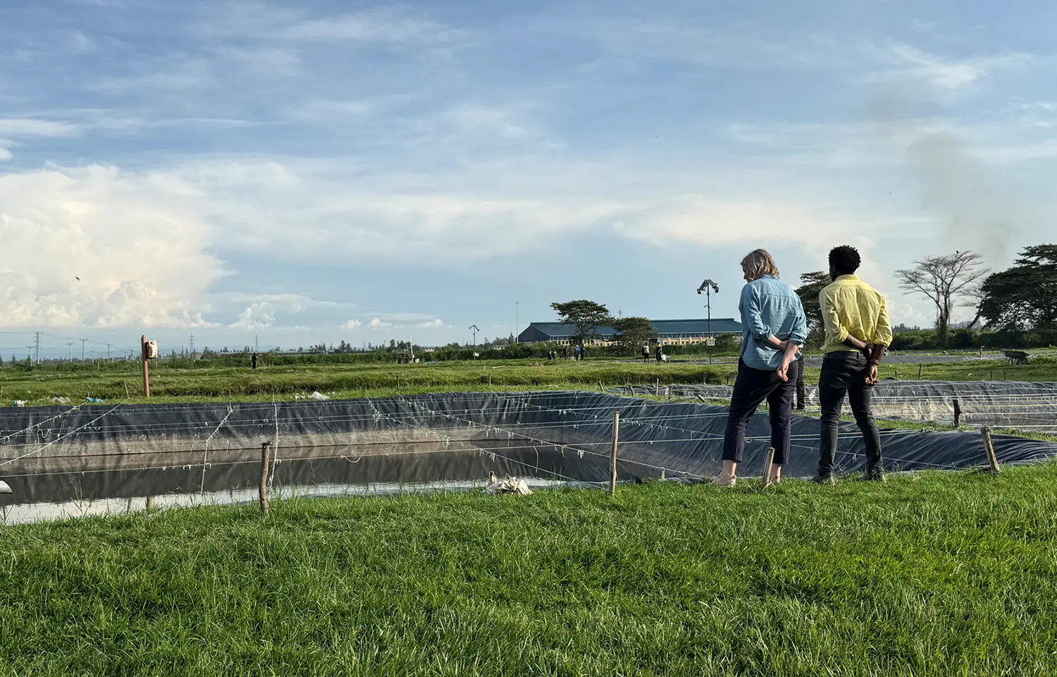 Two individuals overlooking an aquaculture operation in Africa