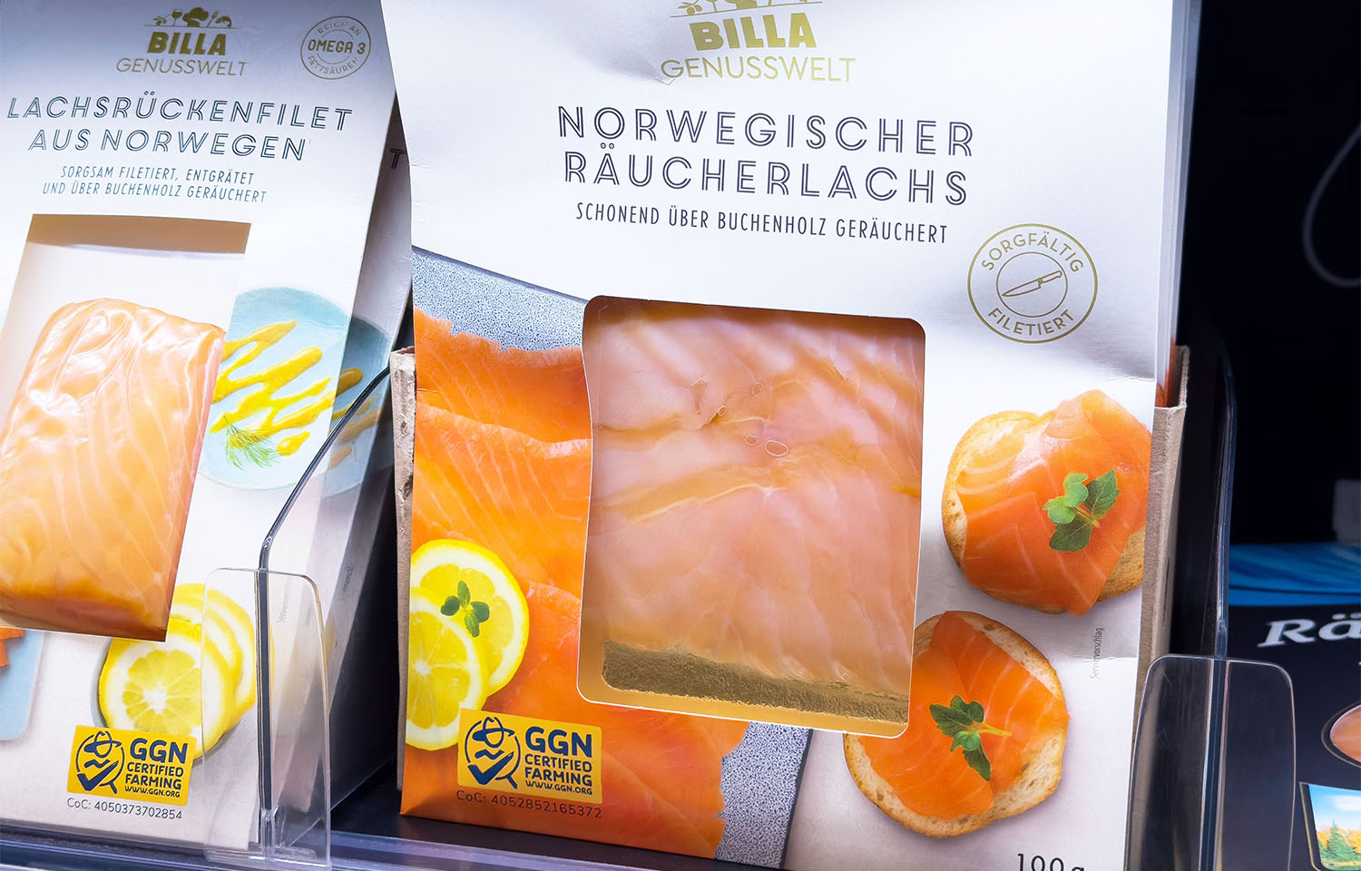 A package of Norwegian smoked salmon in a grocery display case in Austria