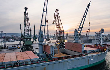 A grain transport vessel being loaded in Ukraine.