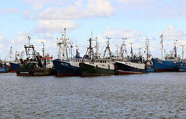 Fishing boats in Poland lined up at a dock.