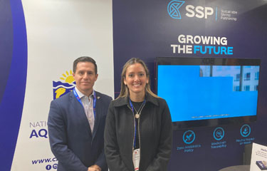 Ecuador’s National Chamber of Aquaculture President José Antonio Camposano and Sustainable Shrimp Partnership Director Pamela Nath.