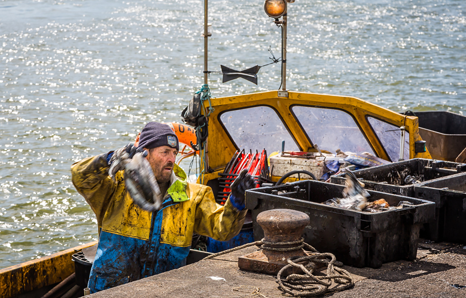 A U.K. fisherman offloading catch off the coast of Dorset