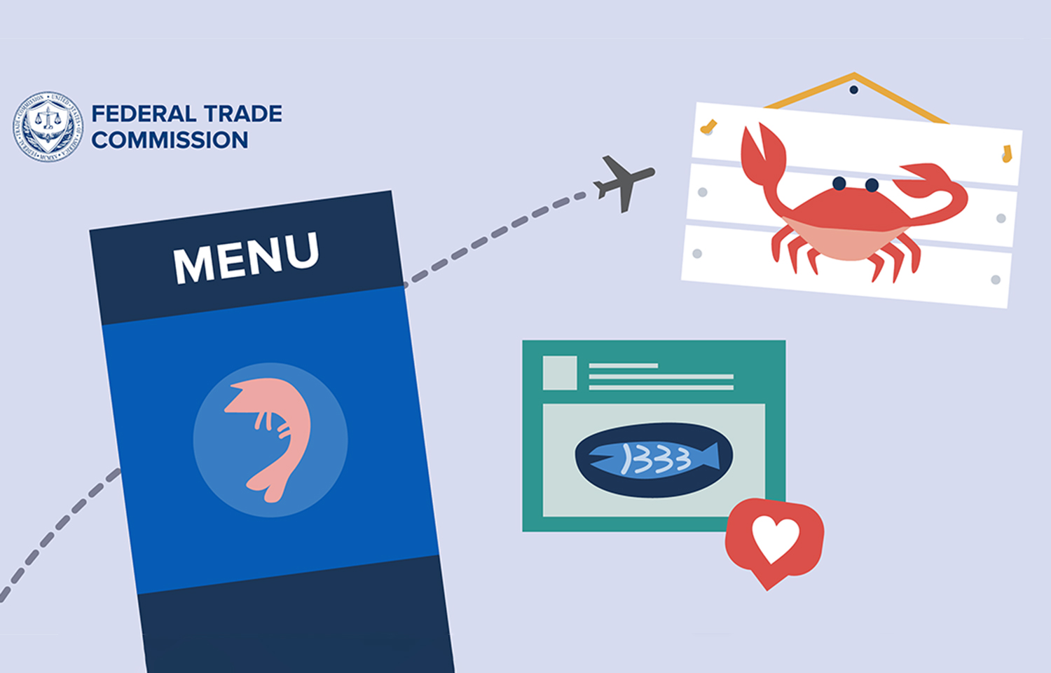An artist's impression of a seafood-themed menu, seafood decorations, and seafood media posts with the Federal Trade Commission logo in the top left corner