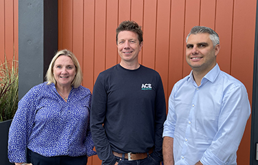 Ace Aquatec CSMO Tara McGregor-Woodhams and CEO Nathan Pyne-Carter with new hire Costa Skotidas.