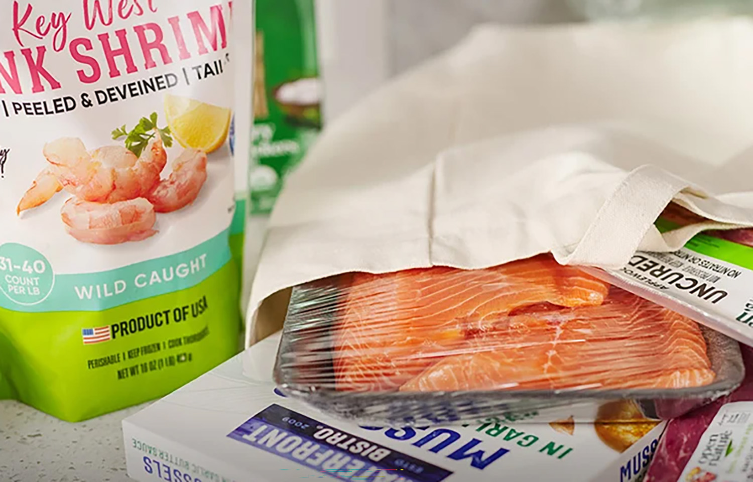 Albertsons seafood products, including shrimp, mussels, and salmon fillets