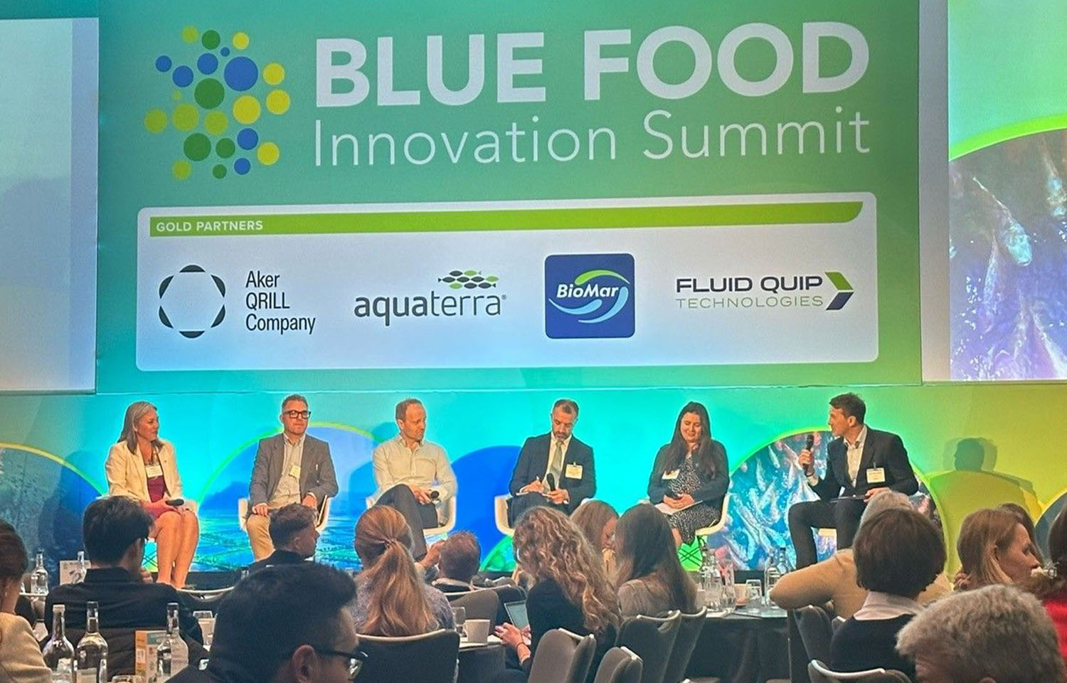 Panelists on stage at the Blue Food Innovation Summit