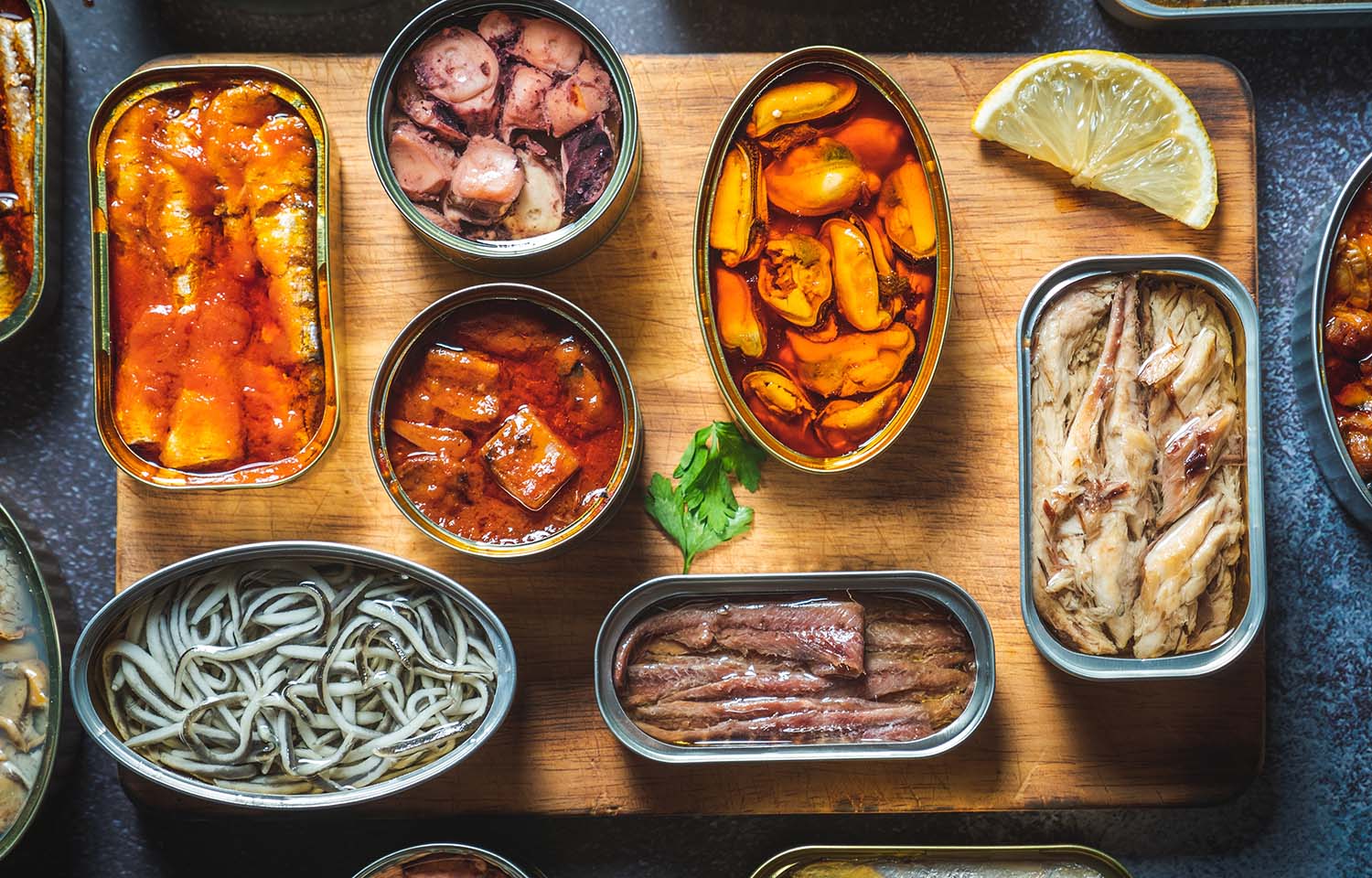 An assortment of tinned fish