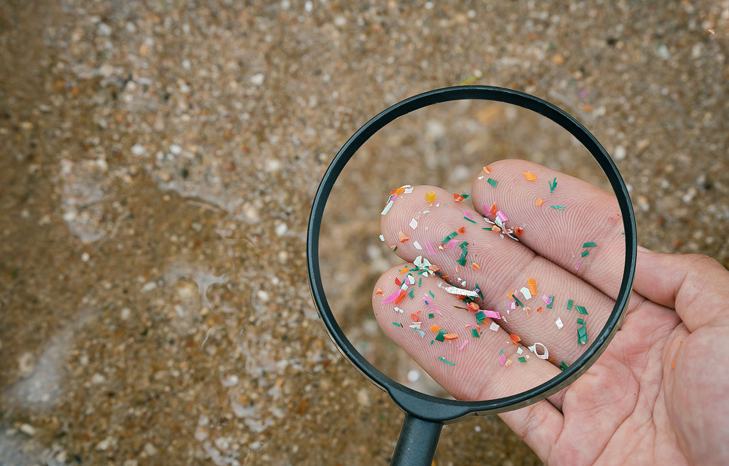 A person looking at pieces of plastics through a magnifying glass at the beach