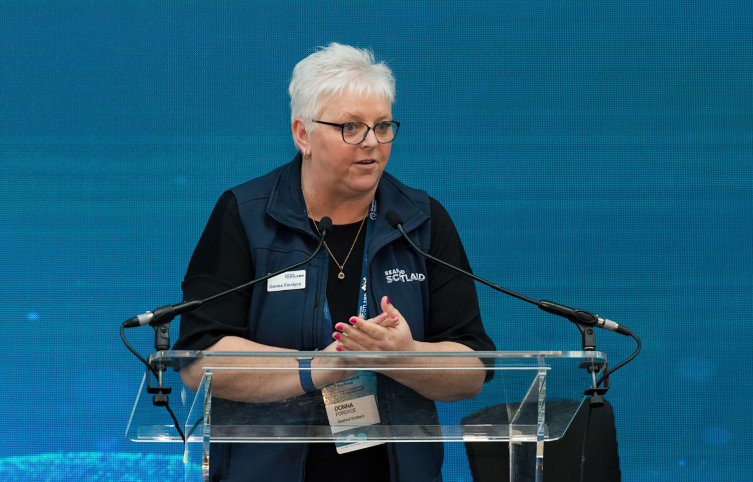 Seafood Scotland CEO Donna Fordyce presenting at the 2024 Responsible Seafood Summit in St. Andrews, Scotland