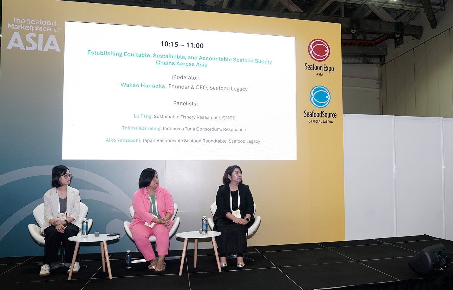 Three panelists during a conference session at Seafood Expo Asia/Seafood Processing Asia