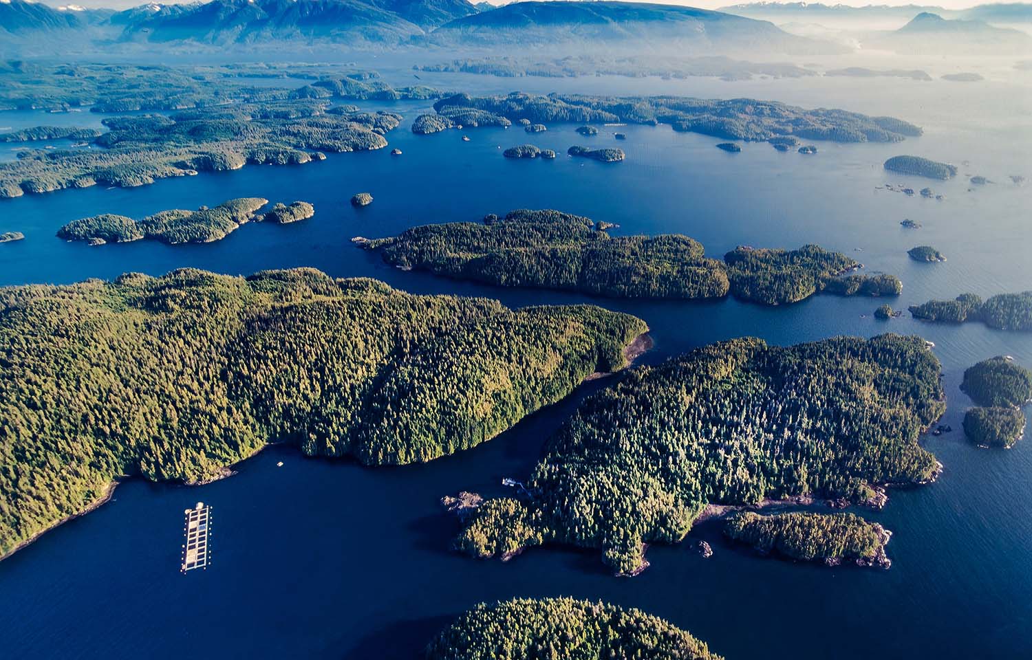 An aerial view of the Broughton Archipelago in British Columbia, Canada