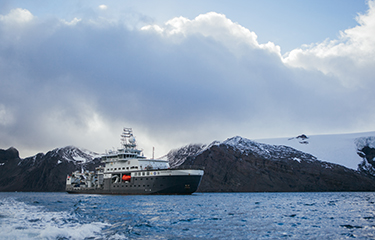 A vessel in the Antarctic Ocean surveying krill.