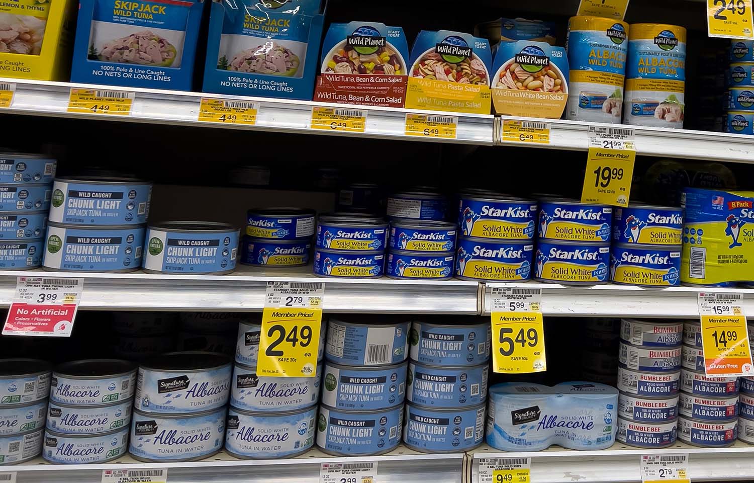 A shelf of canned tuna