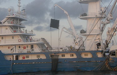 A tuna purse seine vessel in the Pacific ocean.