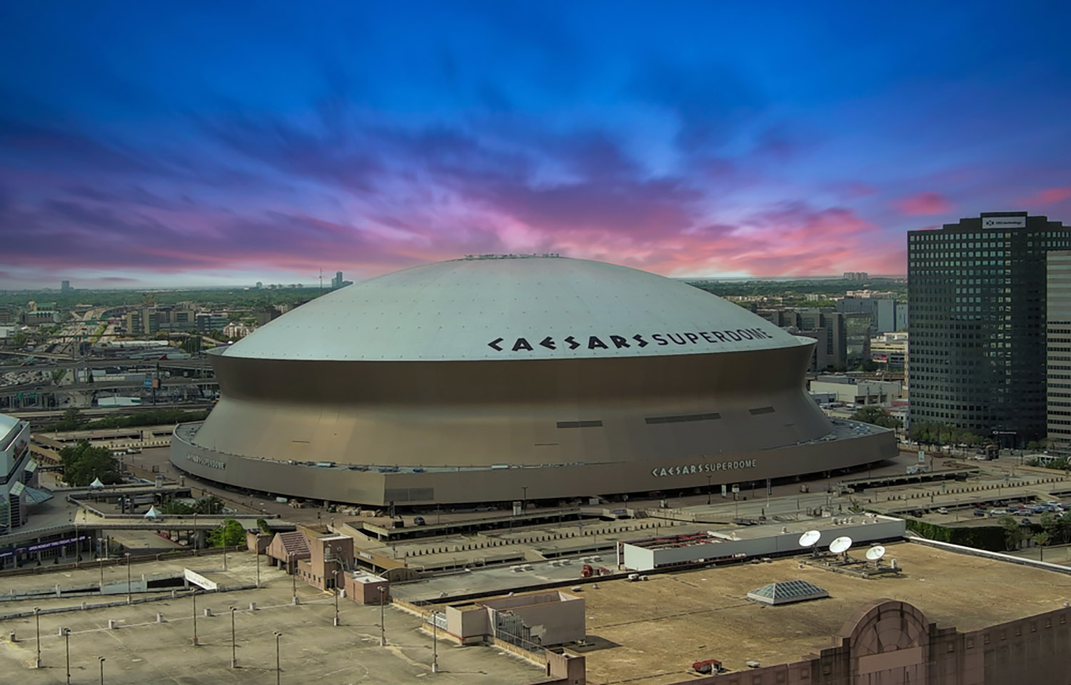 An aerial shot of the Caesars Superdome in New Orleans, Louisiana, U.S.A.