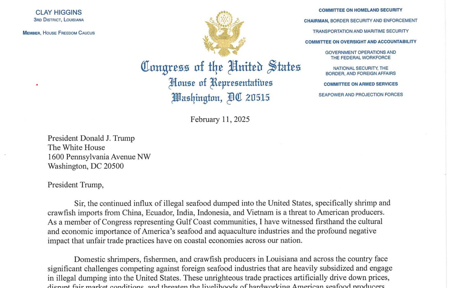Letter from U.S. Representative Clay Higgins (R-Louisiana) to U.S. President Donald Trump