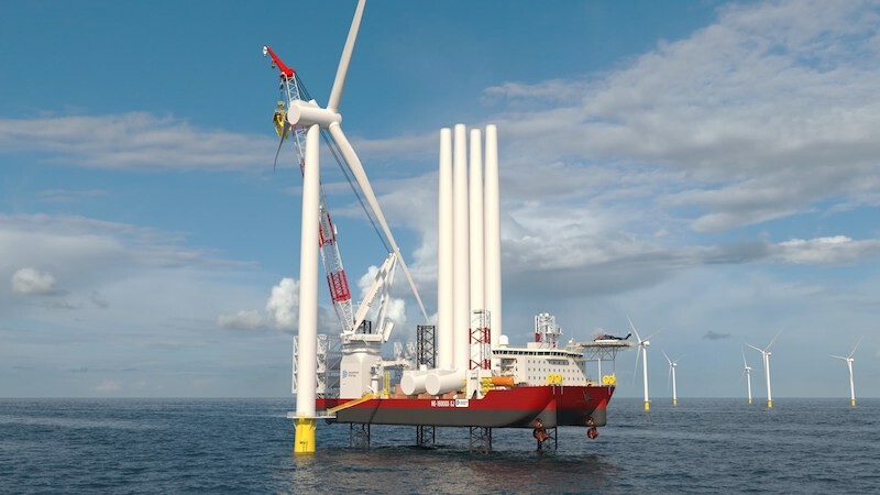 The GustoMSC NG-16000X-SJ offshore wind turbine installation jack-up vessel design for Dominion Energy will be constructed by Keppel AmFELS . It is the first Jones Act-compliant vessel of its kind. GustoMSC rendering