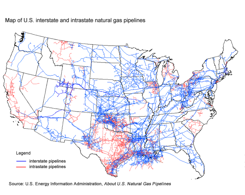 Map of U.S. interstate and intrastate natural gas pipelines.